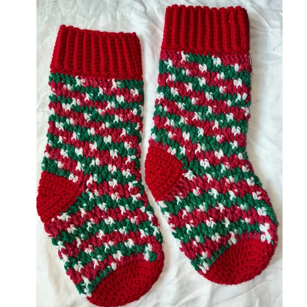 Home Made Christmas Stocking Red Green White Festive Holiday Knit